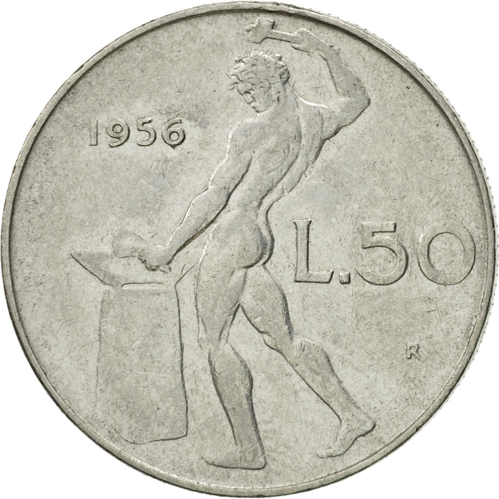 Coin, Italy, 50 Lire, 1956, Rome, EF(40-45), Stainless Steel, KM:95.1