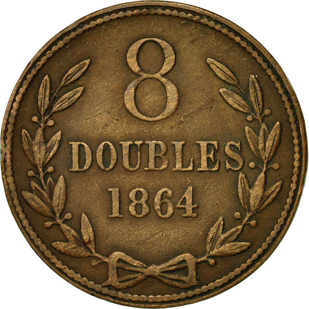 Coin, Guernsey, 8 Doubles, 1864, Heaton, Birmingham, EF(40-45), Bronze, KM:7