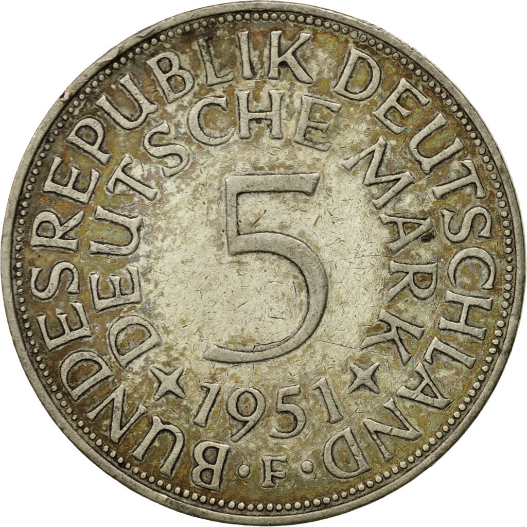 Coin, GERMANY - FEDERAL REPUBLIC, 5 Mark, 1951, Stuttgart, VF(20-25), Silver