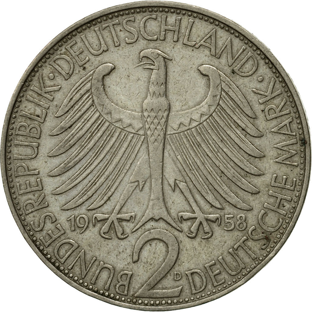 Moneda, ALEMANIA - REPÚBLICA FEDERAL, 2 Mark, 1958, Munich, MBC, Cobre -