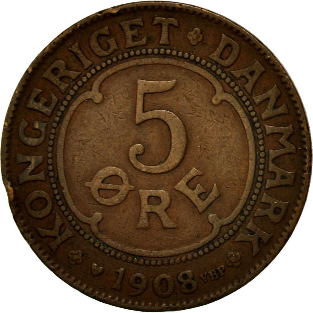 Coin, Denmark, Frederik VIII, 5 Öre, 1908, Copenhagen, EF(40-45), Bronze
