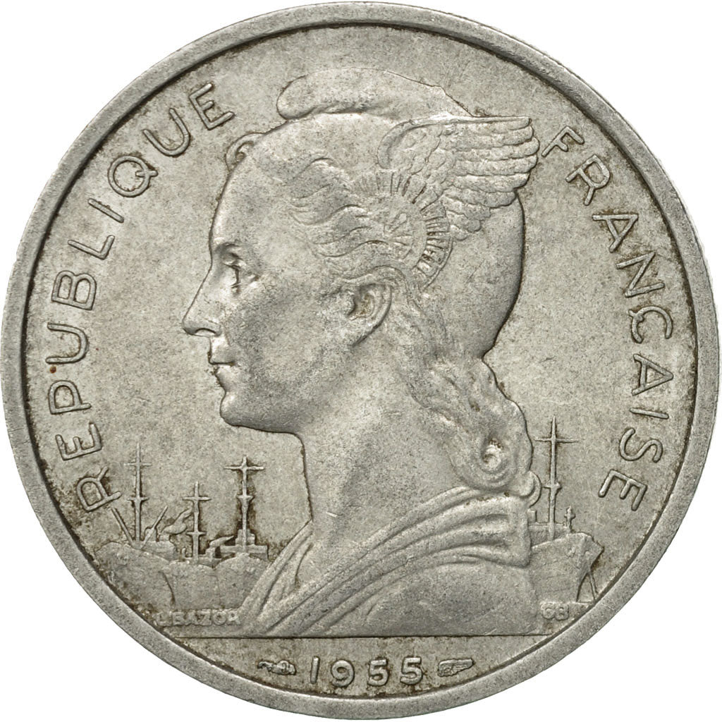 Coin, Réunion, 5 Francs, 1955, EF(40-45), Aluminum, KM:9