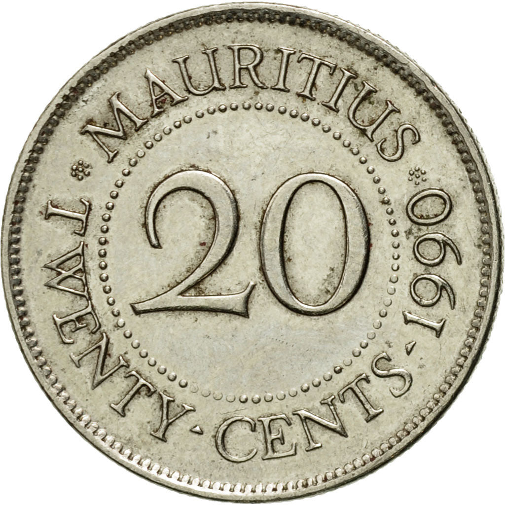 Coin, Mauritius, 20 Cents, 1990, EF(40-45), Nickel plated steel, KM:53