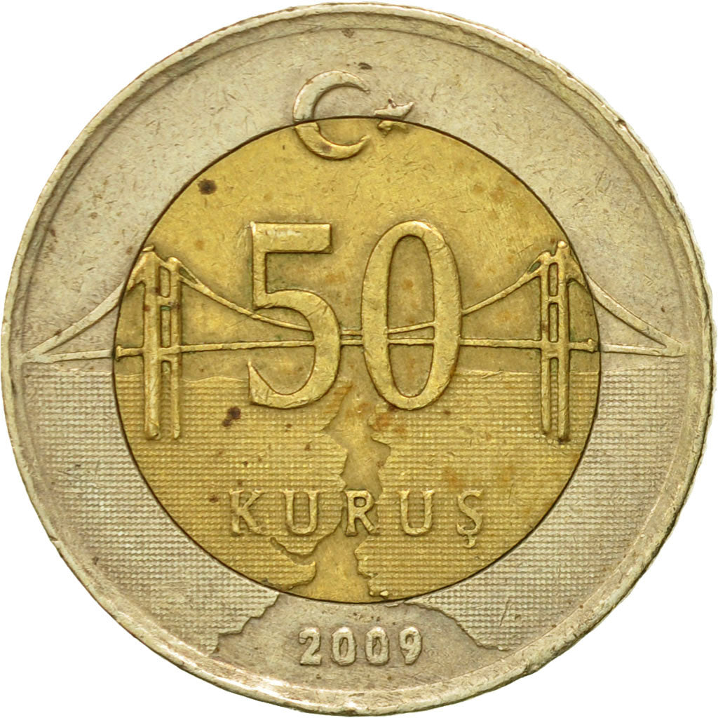 Coin, Turkey, 50 Kurus, 2009, EF(40-45), Bi-Metallic, KM:1243
