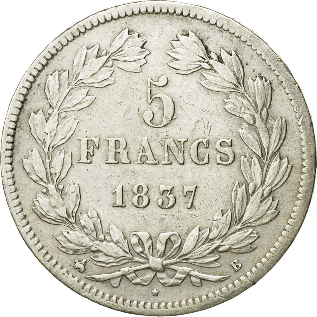 Coin, France, Louis-Philippe, 5 Francs, 1837, Rouen, EF(40-45), Silver