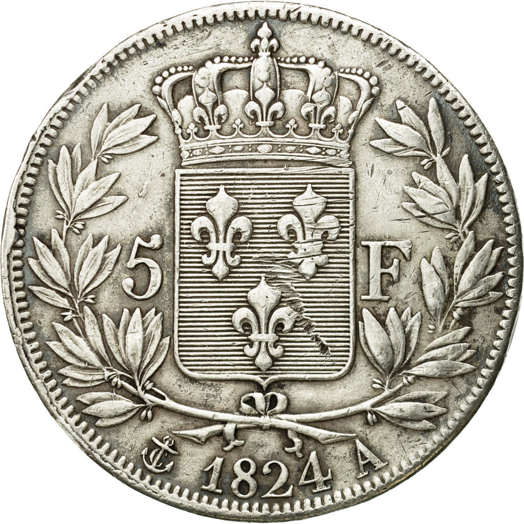 Coin, France, Louis XVIII, Louis XVIII, 5 Francs, 1824, Paris, VF(30-35)