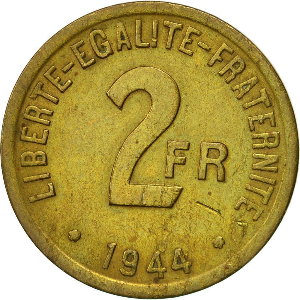 Moneda, Francia, France Libre, 2 Francs, 1944, Philadelphia, BC+, Latón