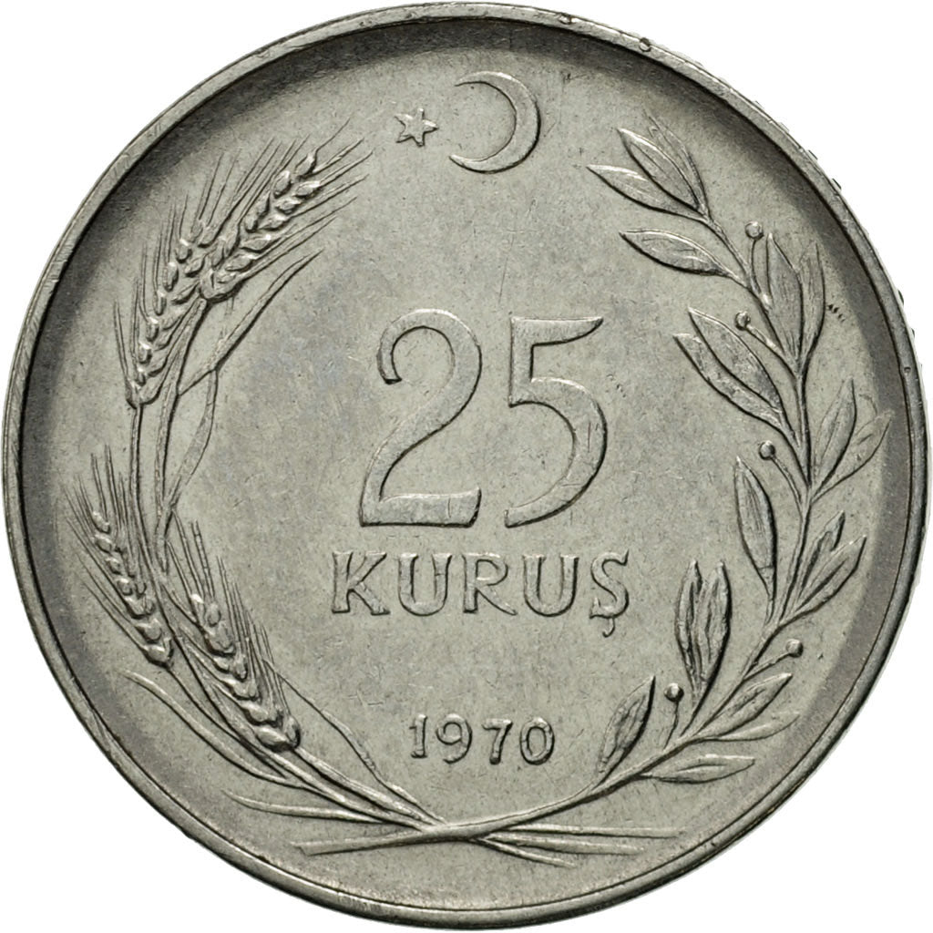 Coin, Turkey, 25 Kurus, 1970, EF(40-45), Stainless Steel, KM:892.3