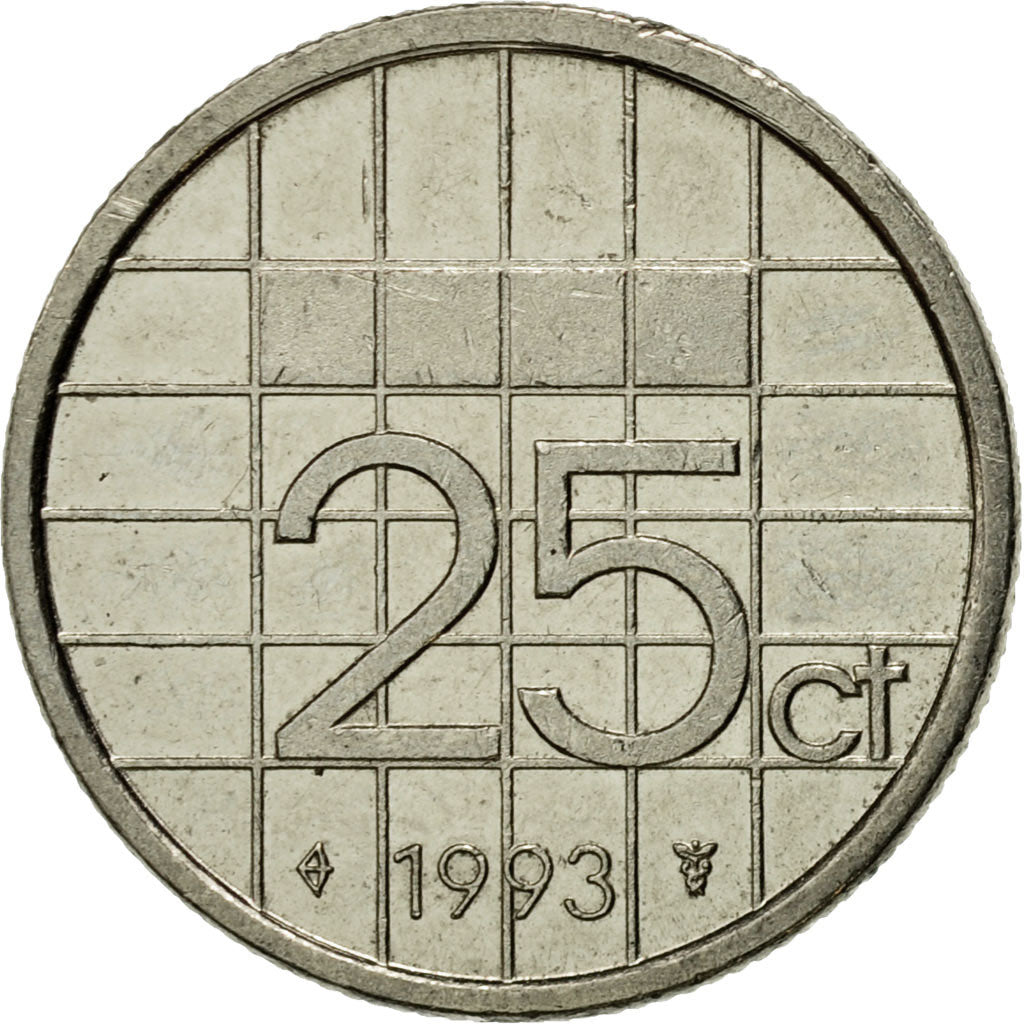 Coin, Netherlands, Beatrix, 25 Cents, 1993, EF(40-45), Nickel, KM:204