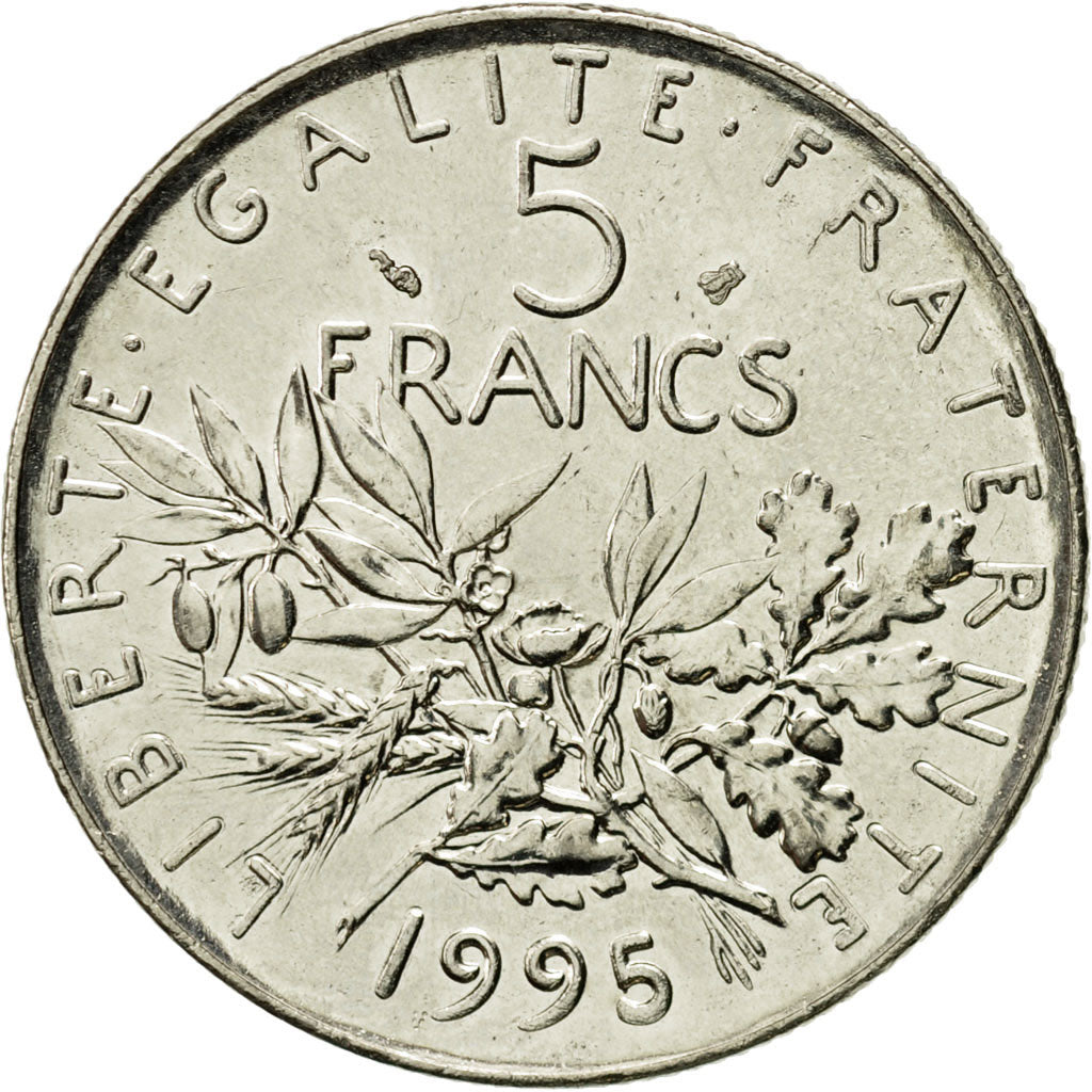 Moneda, Francia, Semeuse, 5 Francs, 1995, Paris, MBC+, Níquel recubierto de