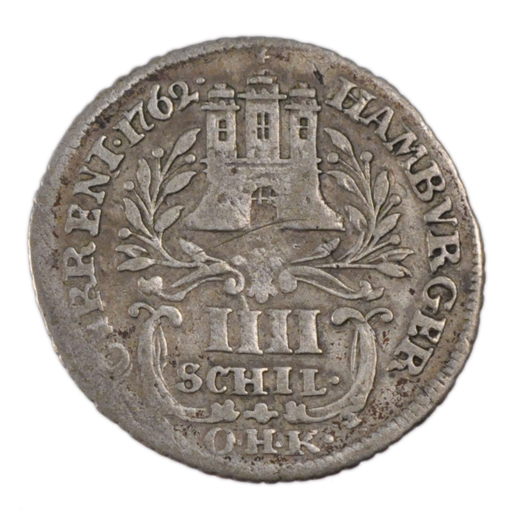 Coin, German States, HAMBURG, 4 Schilling, 1762, VF(30-35), Silver, KM:408