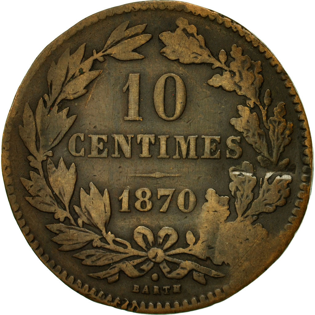 Coin, Luxembourg, William III, 10 Centimes, 1870, Utrecht, VF(20-25), Bronze