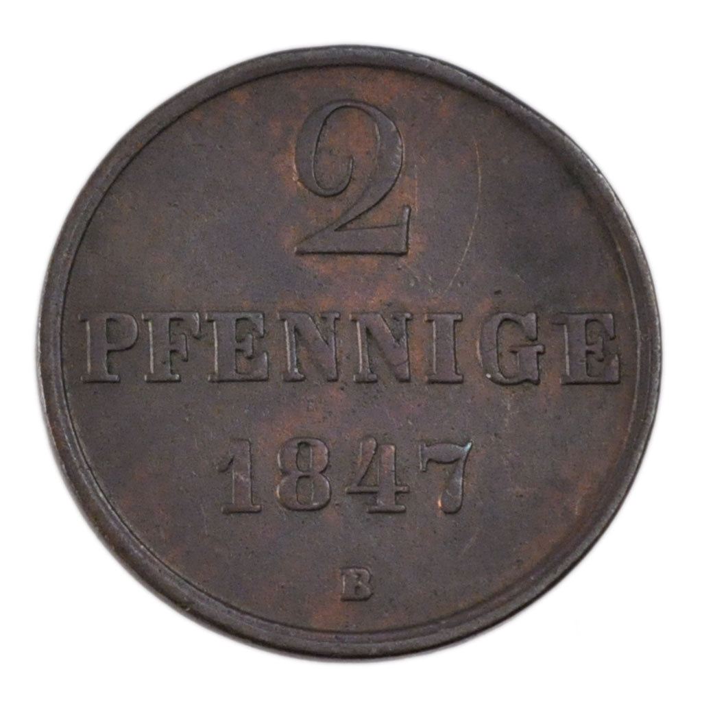 Germany, 2 Pfennige, 1847, KM #202, EF(40-45), Copper, 4.80