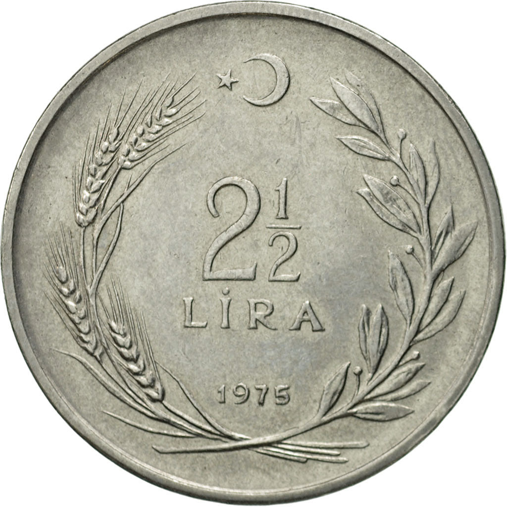 Coin, Turkey, 2-1/2 Lira, 1975, EF(40-45), Stainless Steel, KM:893.2