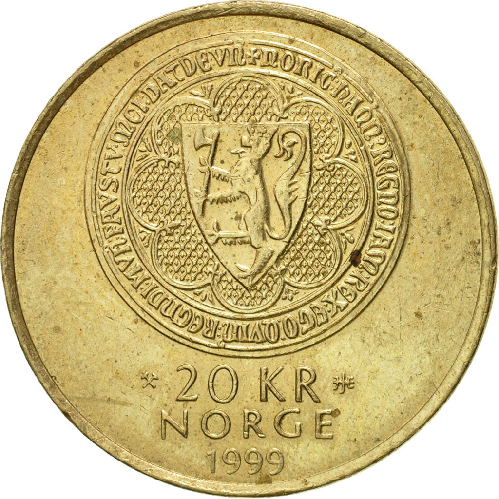 Coin, Norway, Harald V, 20 Kroner, 1999, EF(40-45), Nickel-brass, KM:464