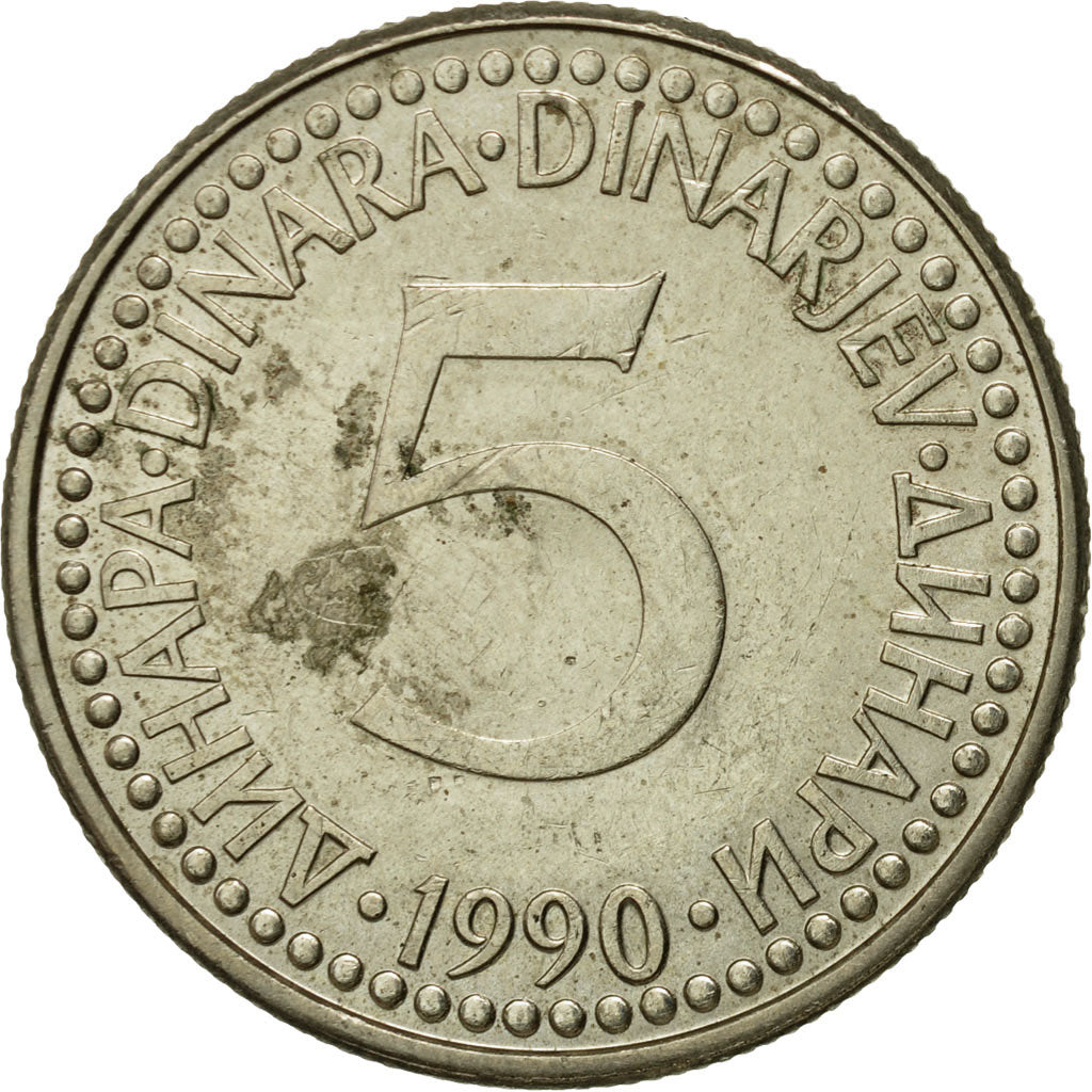 Moneta, Iugoslavia, 5 Dinara, 1990, MB+, Rame-nichel-zinco, KM:144