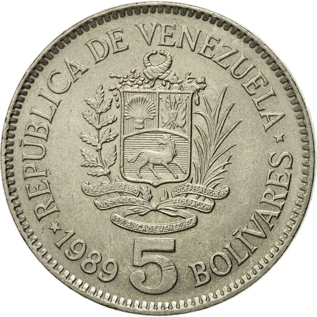 Münze, Venezuela, 5 Bolivares, 1989, Werdohl, SS, Nickel Clad Steel, KM:53a.1