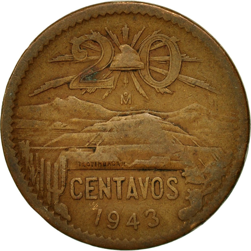 Coin, Mexico, 20 Centavos, 1943, Mexico City, EF(40-45), Bronze, KM:439