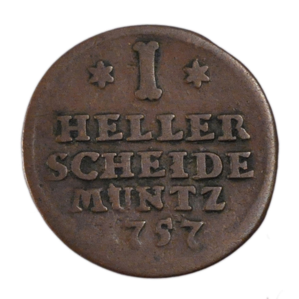 Coin, German States, HESSE-CASSEL, Wilhelm VIII, Heller, 1757, VF(30-35)