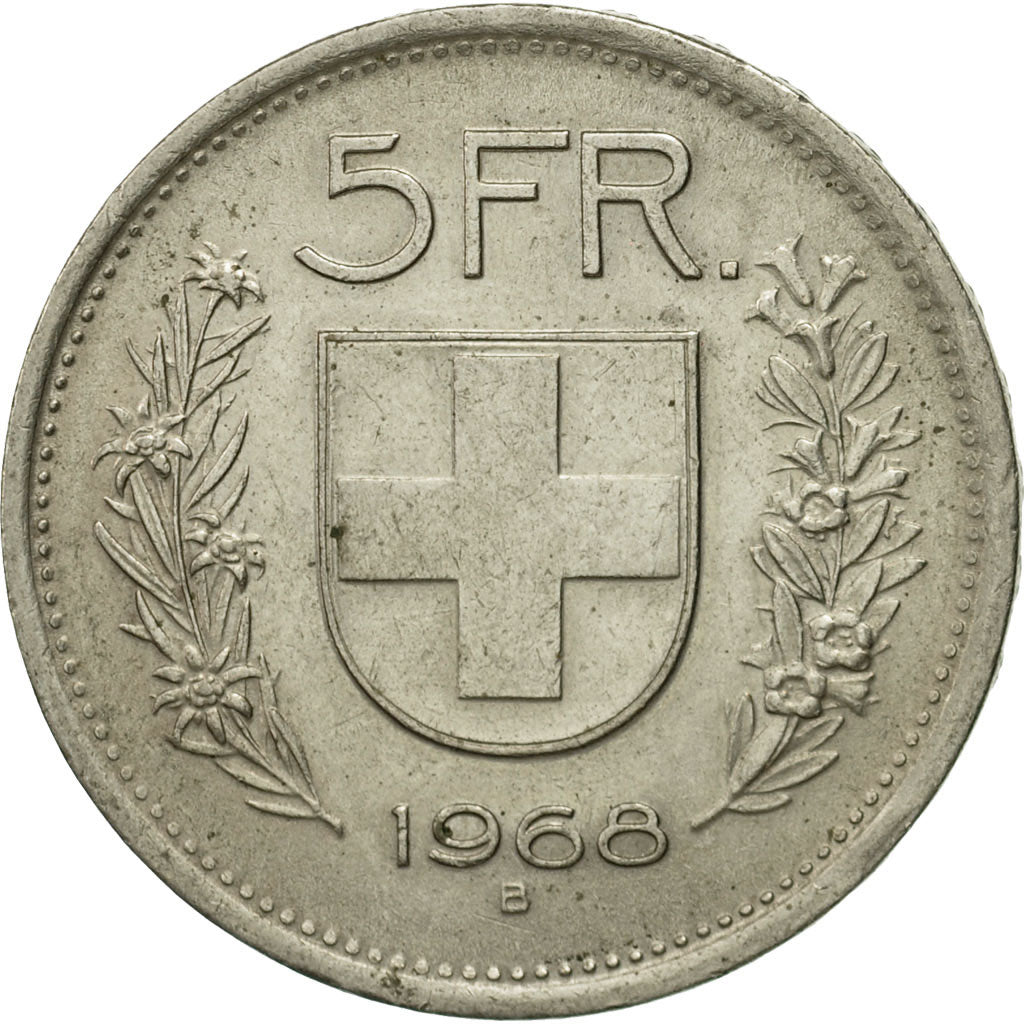 Coin, Switzerland, 5 Francs, 1968, Bern, EF(40-45), Copper-nickel, KM:40a.1