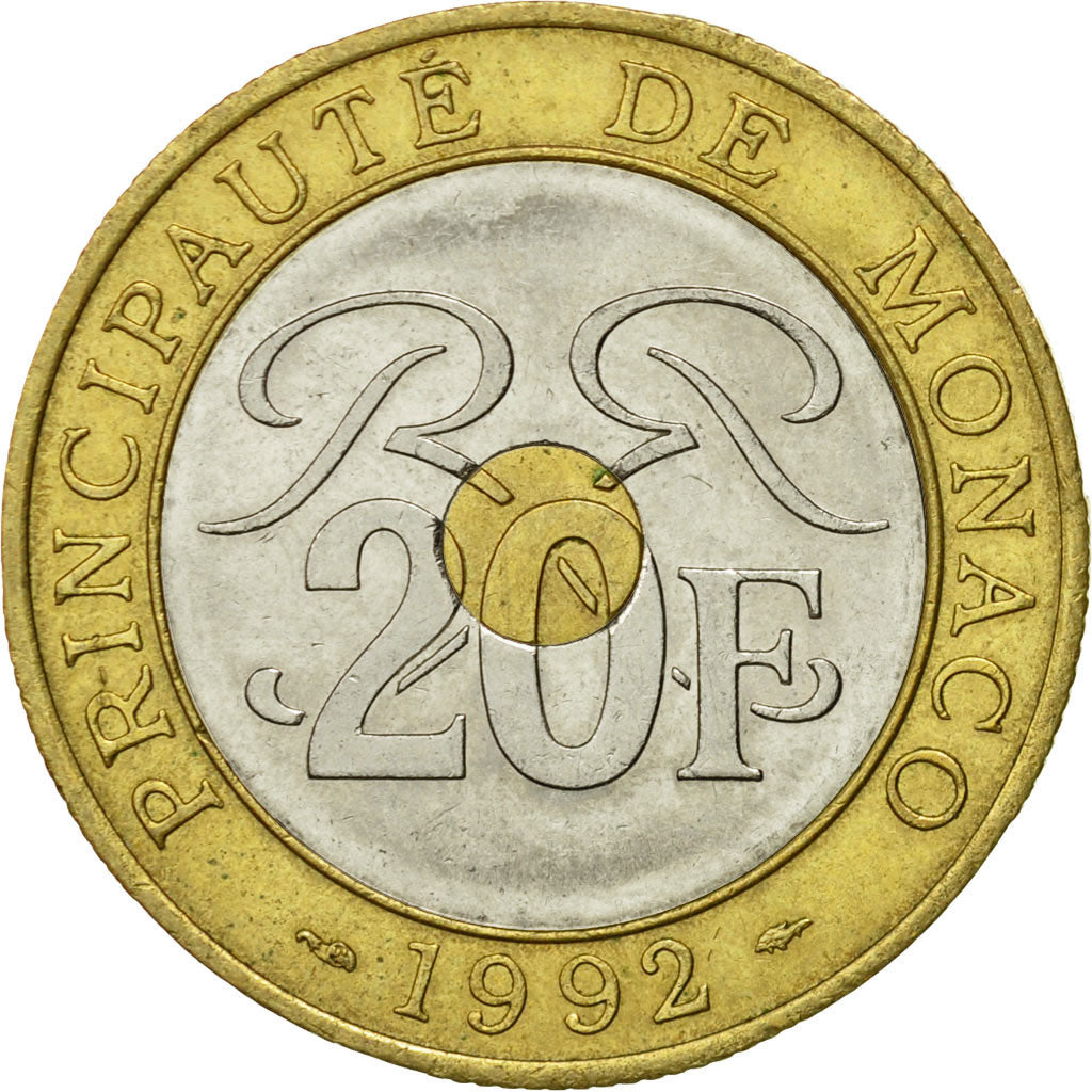 Coin, Monaco, Rainier III, 20 Francs, 1992, EF(40-45), Tri-Metallic, KM:165