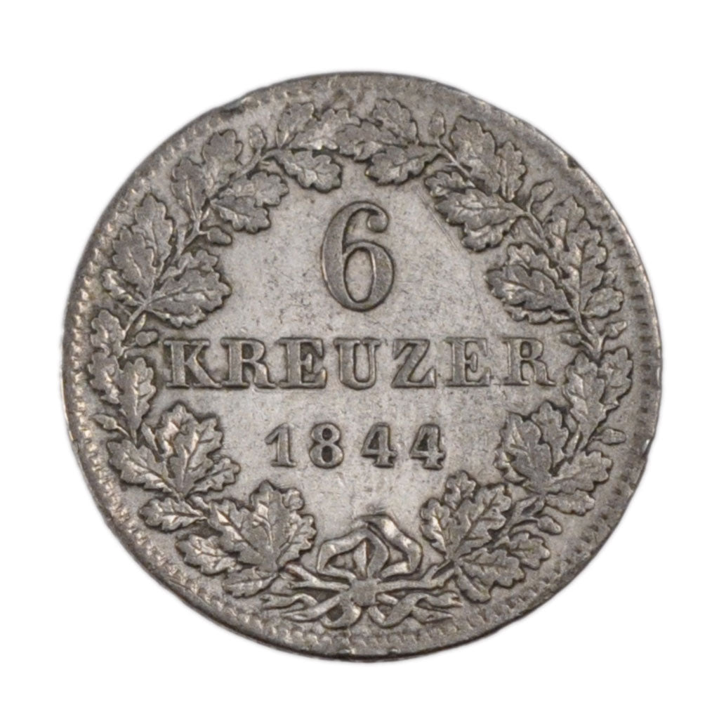 GERMAN STATES, 6 Kreuzer, 1844, KM #318, EF(40-45), Silver, 2.60