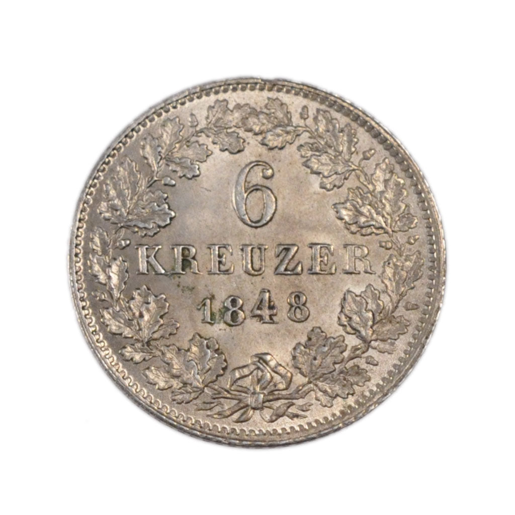 GERMAN STATES, 6 Kreuzer, 1848, KM #326, MS(60-62), Silver, 2.60