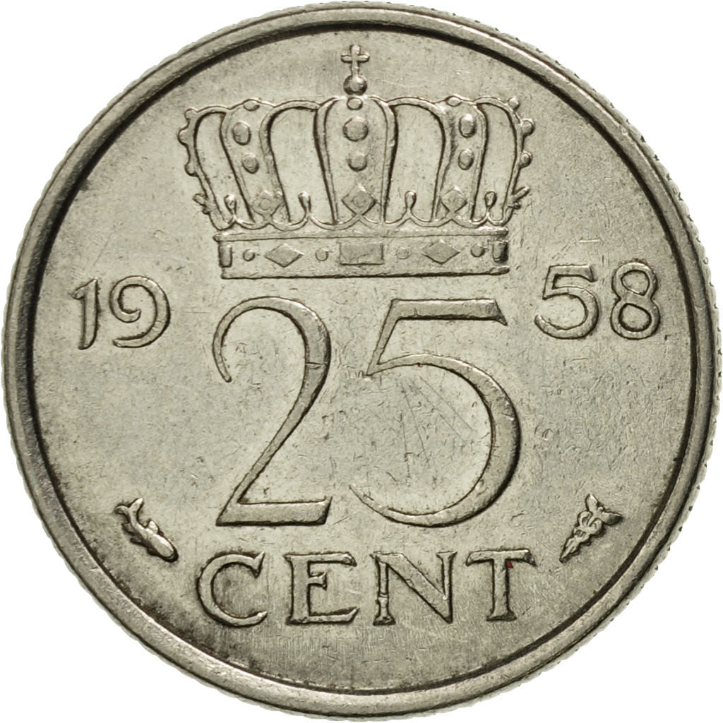 Moneda, Países Bajos, Juliana, 25 Cents, 1958, MBC, Níquel, KM:183