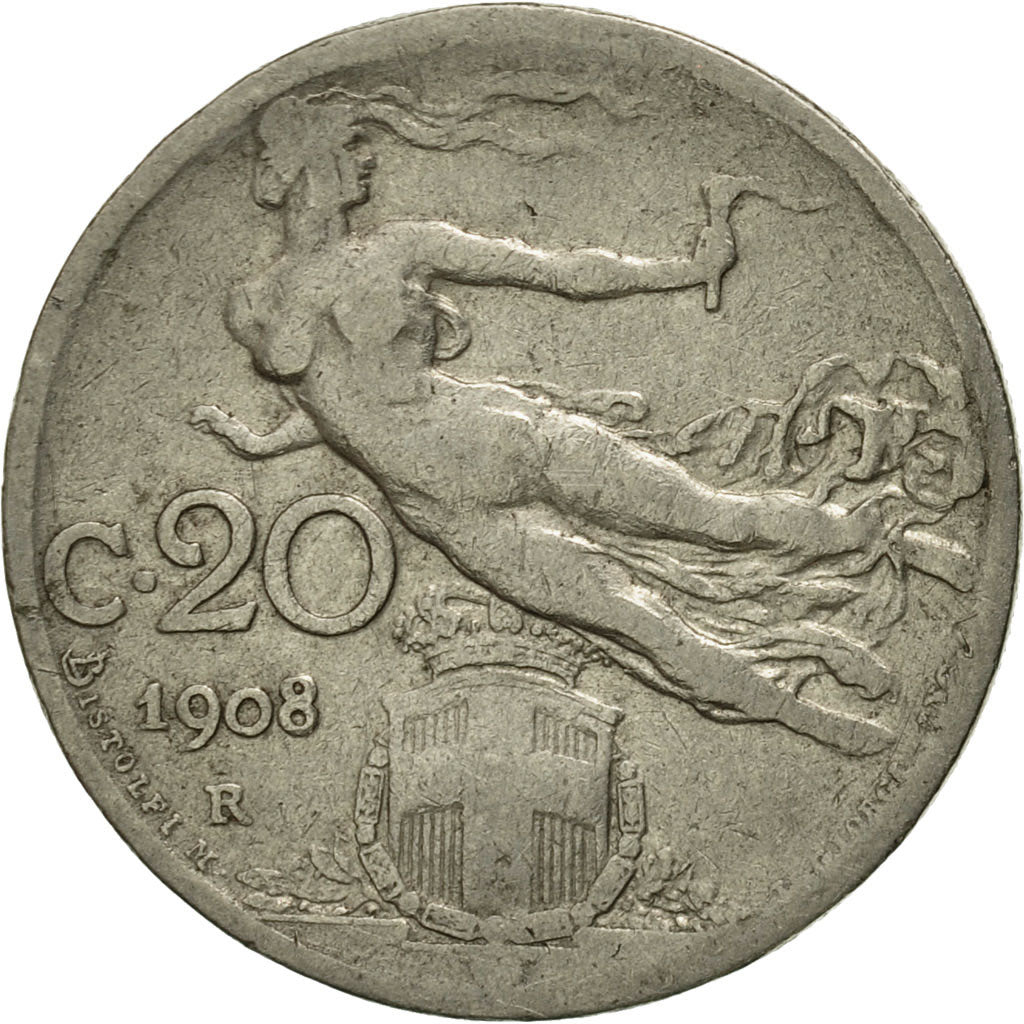 Coin, Italy, Vittorio Emanuele III, 20 Centesimi, 1908, Rome, VF(20-25), Nickel