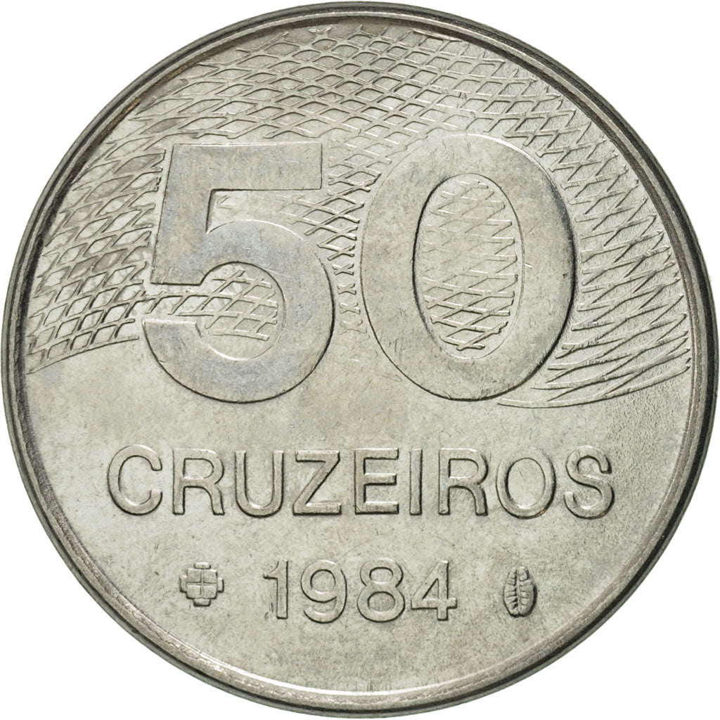 Moneta, Brazylia, 50 Cruzeiros, 1984, VF(30-35), Stal nierdzewna, KM:594.1