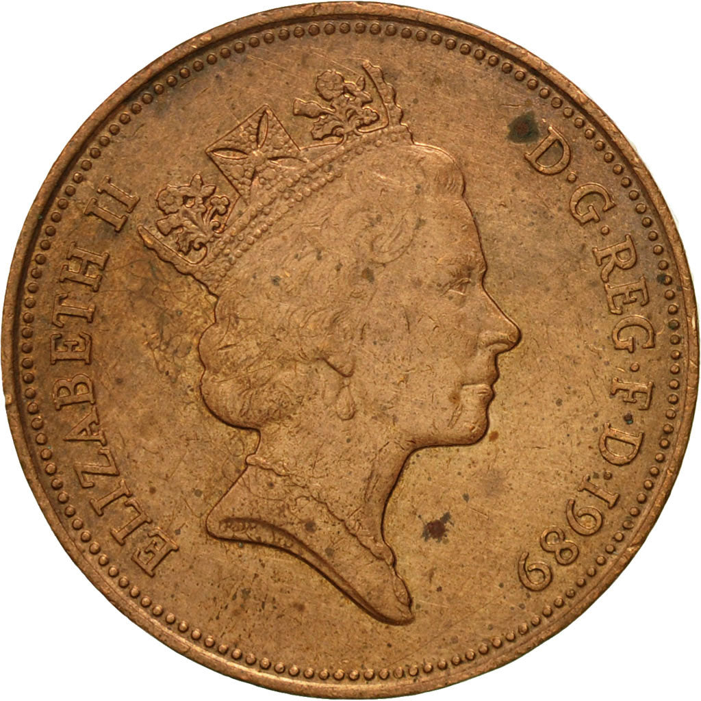 Moneda, Gran Bretaña, Elizabeth II, 2 Pence, 1989, BC+, Bronce, KM:936