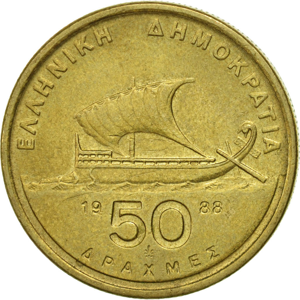 Coin, Greece, 50 Drachmes, 1988, VF(30-35), Aluminum-Bronze, KM:147