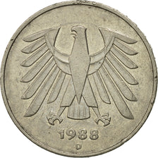 Coin, GERMANY - FEDERAL REPUBLIC, 5 Mark, 1988, Munich, VF(20-25), Copper-Nickel