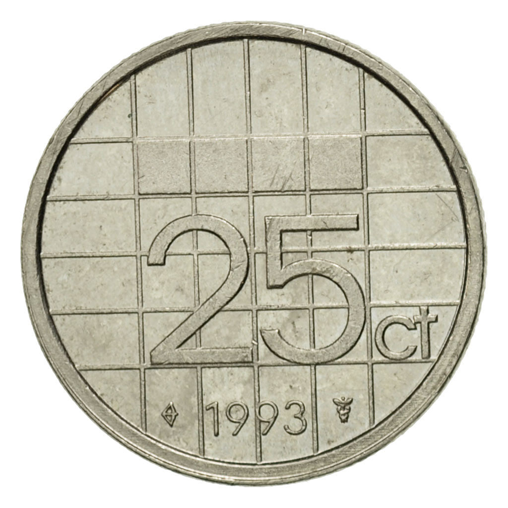 Moneda, Países Bajos, Beatrix, 25 Cents, 1993, BC+, Níquel, KM:204