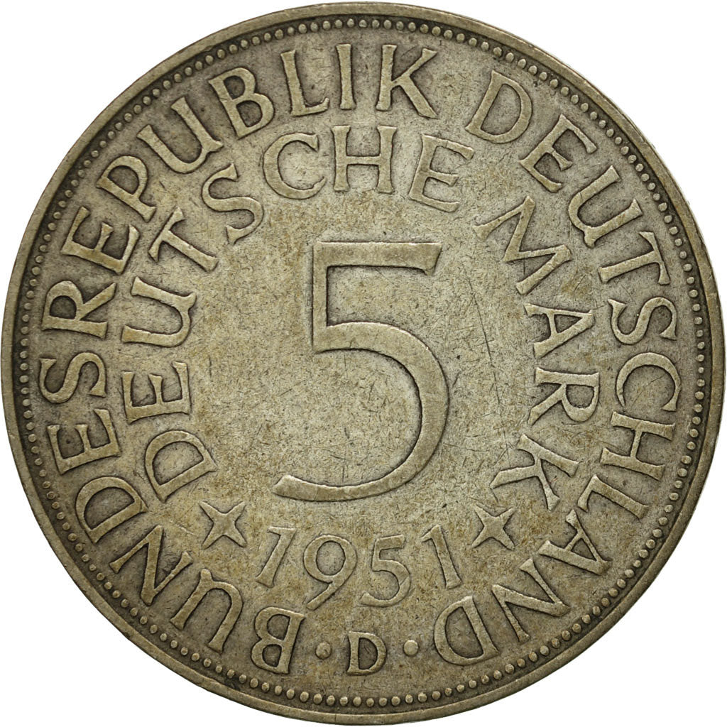Coin, GERMANY - FEDERAL REPUBLIC, 5 Mark, 1951, Munich, VF(20-25), Silver