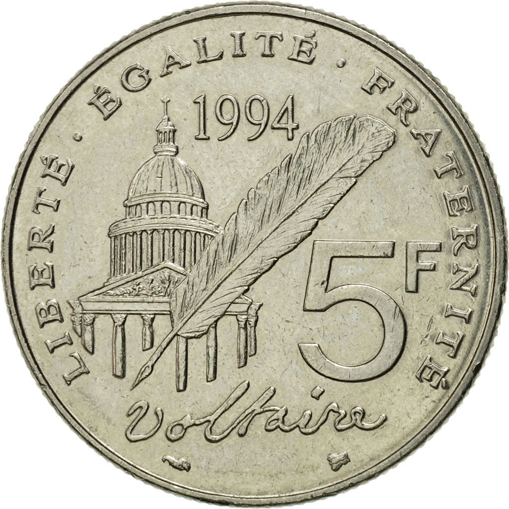 Munten, Frankrijk, Voltaire, 5 Francs, 1994, Paris, FR+, Nickel, KM:1063