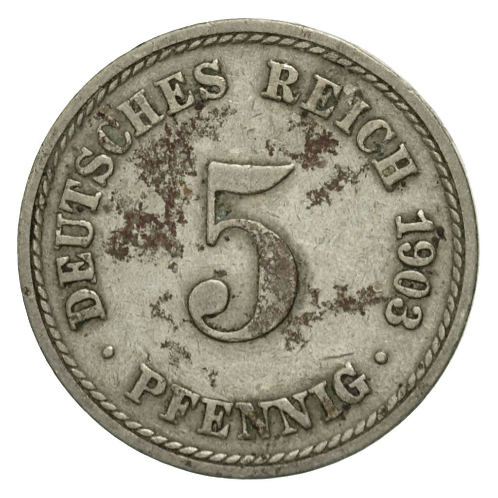 Moneda, ALEMANIA - IMPERIO, Wilhelm II, 5 Pfennig, 1903, Berlin, BC+, Cobre -