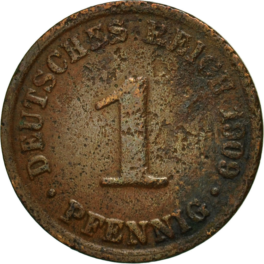 Coin, GERMANY - EMPIRE, Wilhelm II, Pfennig, 1909, Berlin, VF(20-25), Copper