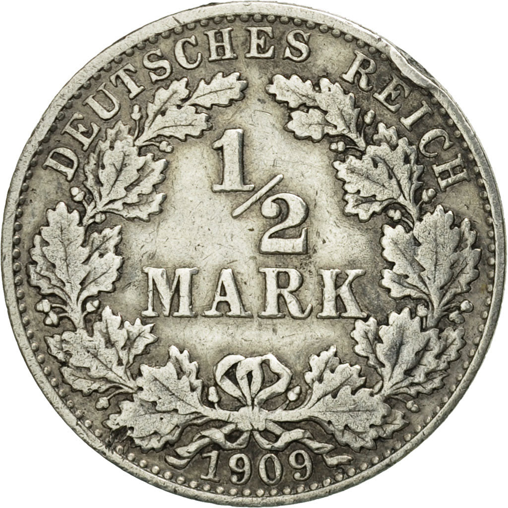Coin, GERMANY - EMPIRE, 1/2 Mark, 1909, Berlin, VF(30-35), Silver, KM:17
