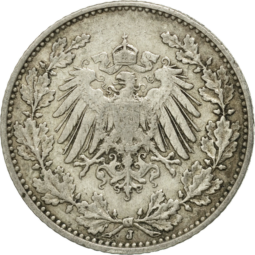 Monnaie, GERMANY - EMPIRE, 1/2 Mark, 1913, Hambourg, TB+, Argent, KM:17