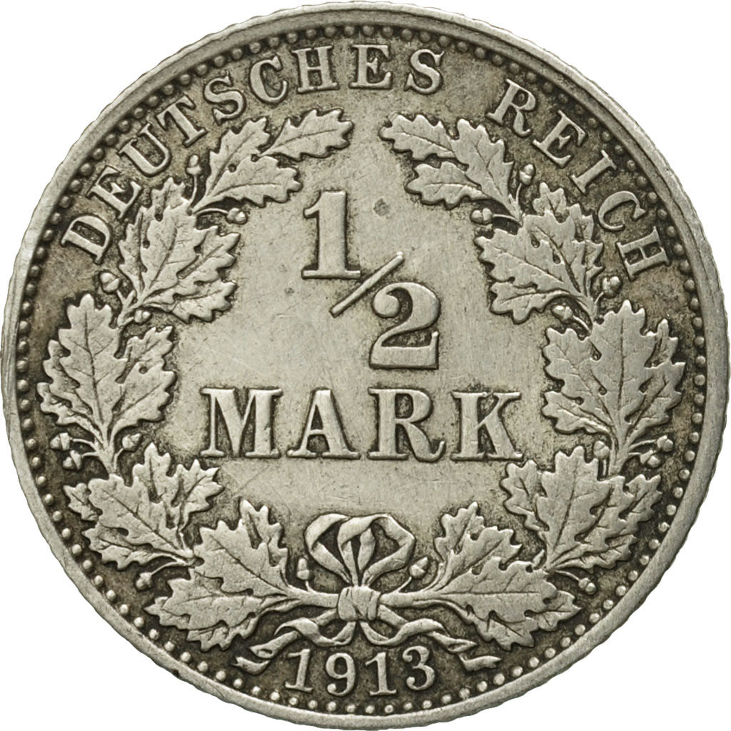 Monnaie, GERMANY - EMPIRE, 1/2 Mark, 1913, Hambourg, TB+, Argent, KM:17