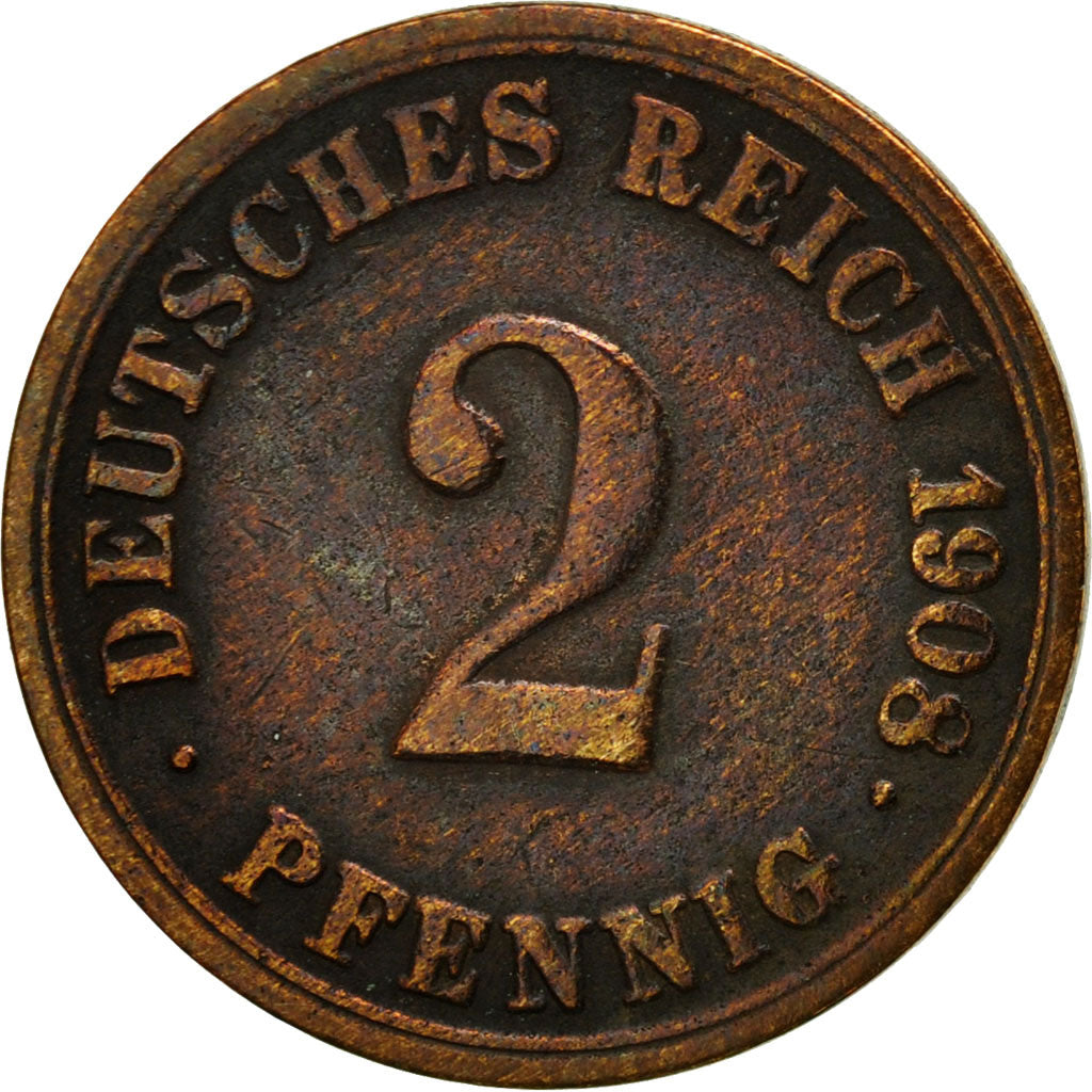 Moneda, ALEMANIA - IMPERIO, Wilhelm II, 2 Pfennig, 1908, Berlin, BC+, Cobre
