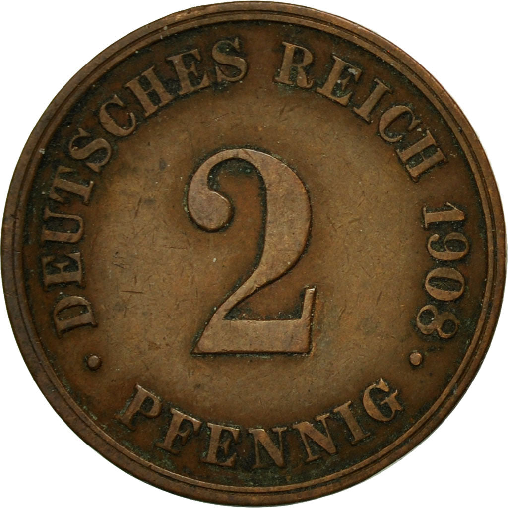 Münze, GERMANY - EMPIRE, Wilhelm II, 2 Pfennig, 1908, Hambourg, S+, Kupfer