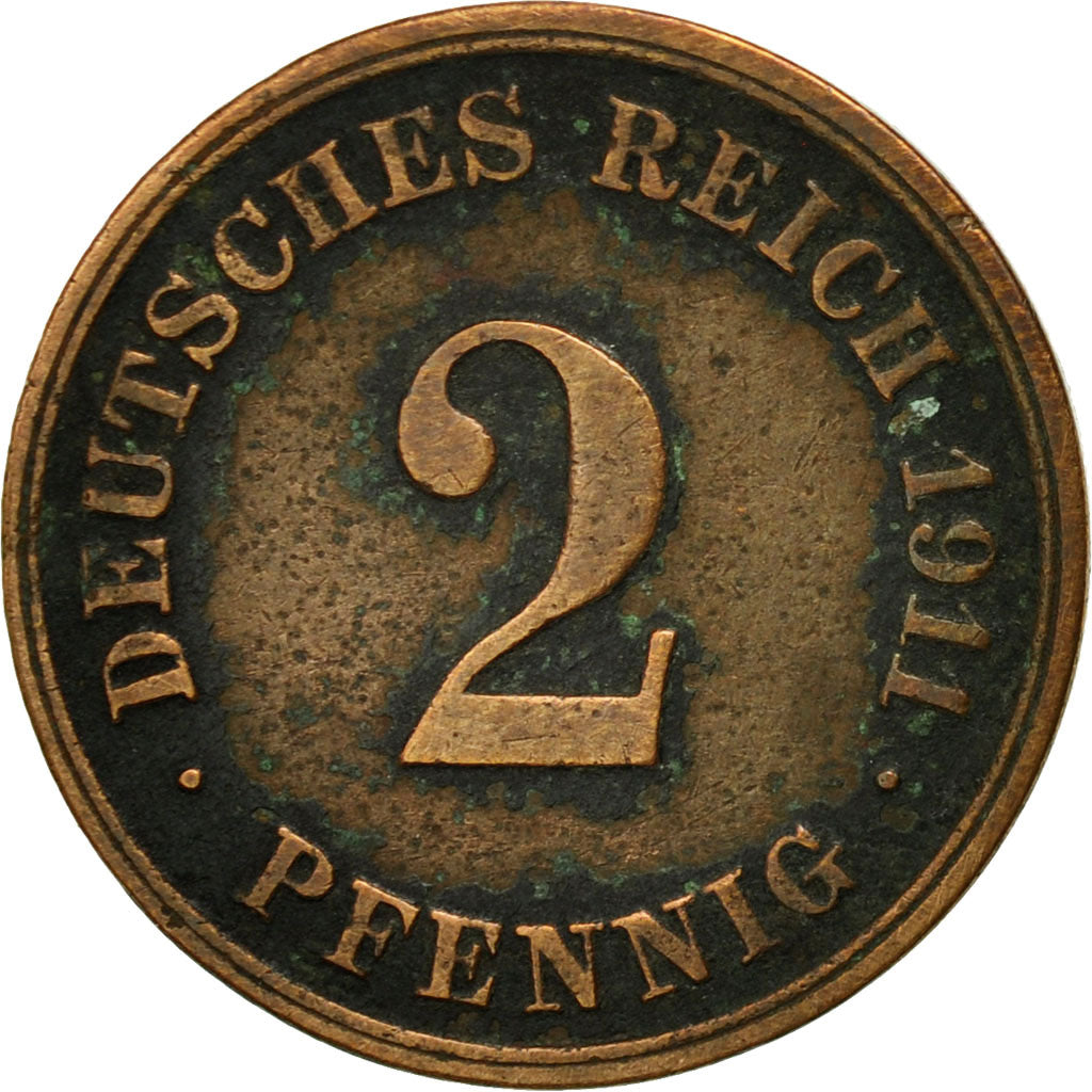 Moneda, ALEMANIA - IMPERIO, Wilhelm II, 2 Pfennig, 1911, Muldenhütten, BC+