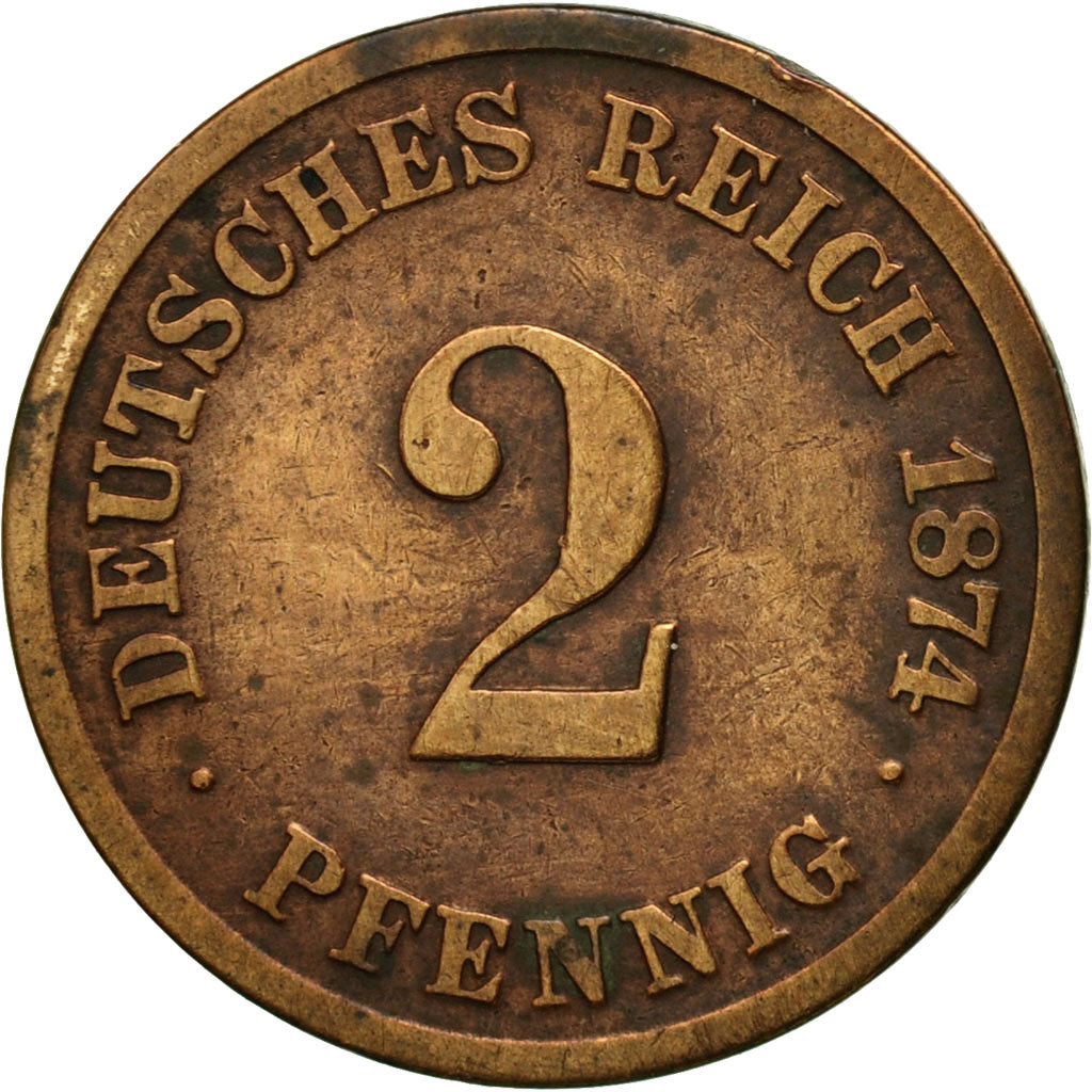 Moneda, ALEMANIA - IMPERIO, Wilhelm I, 2 Pfennig, 1874, Frankfurt, BC+, Cobre