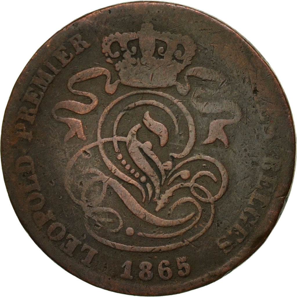 Moneda, Bélgica, Leopold I, 2 Centimes, 1865, BC+, Cobre, KM:4.2