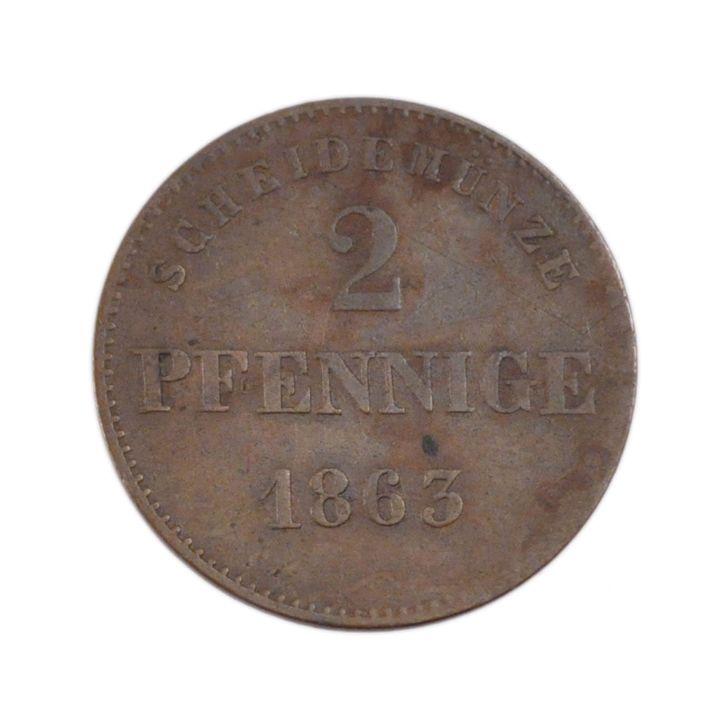 GERMAN STATES, 2 Pfennig, 1863, KM #171, EF(40-45), Copper, 2.40