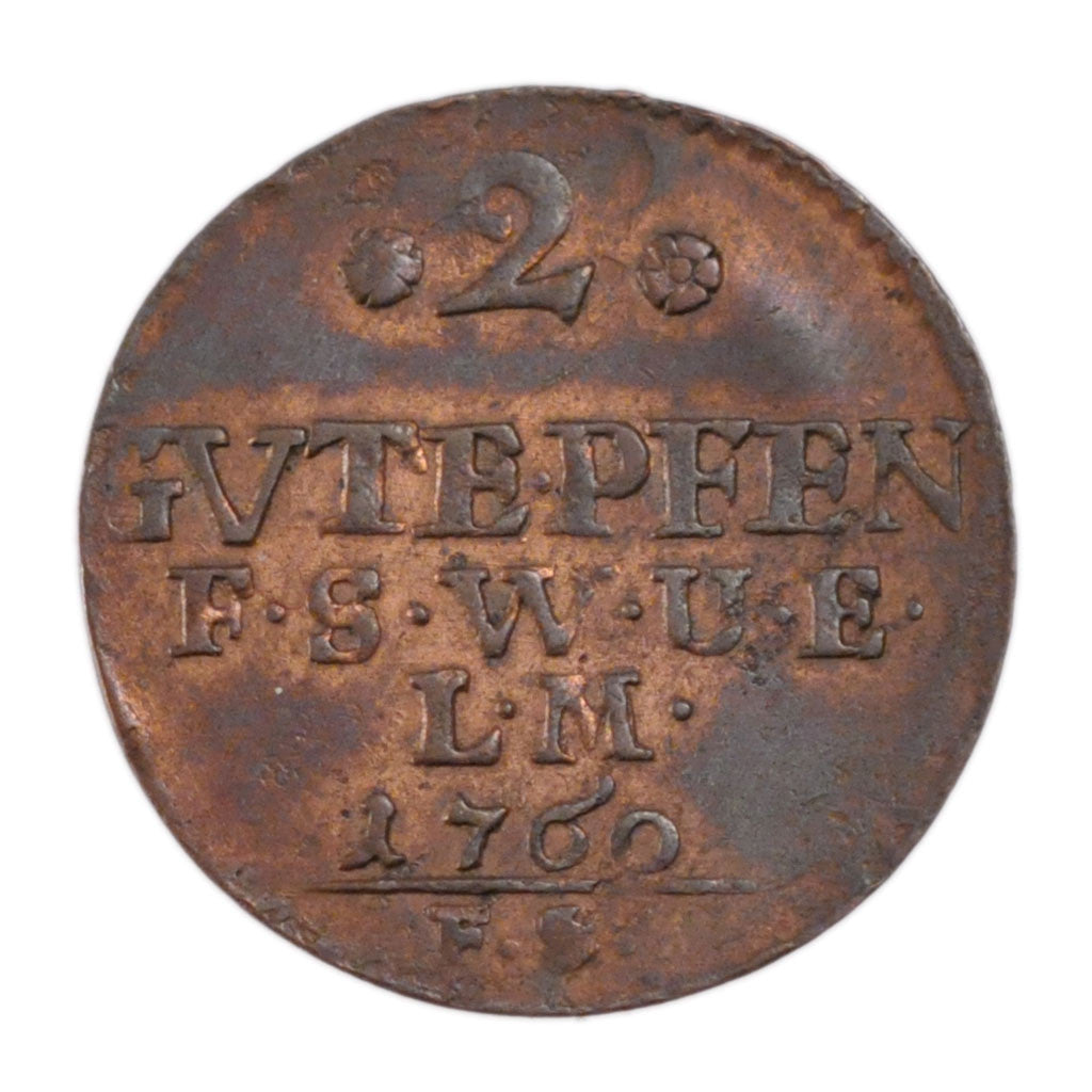 GERMAN STATES, 2 Pfennig, 1760, Eisenach, KM #105, AU(50-53), Copper, 22.5, 2.40