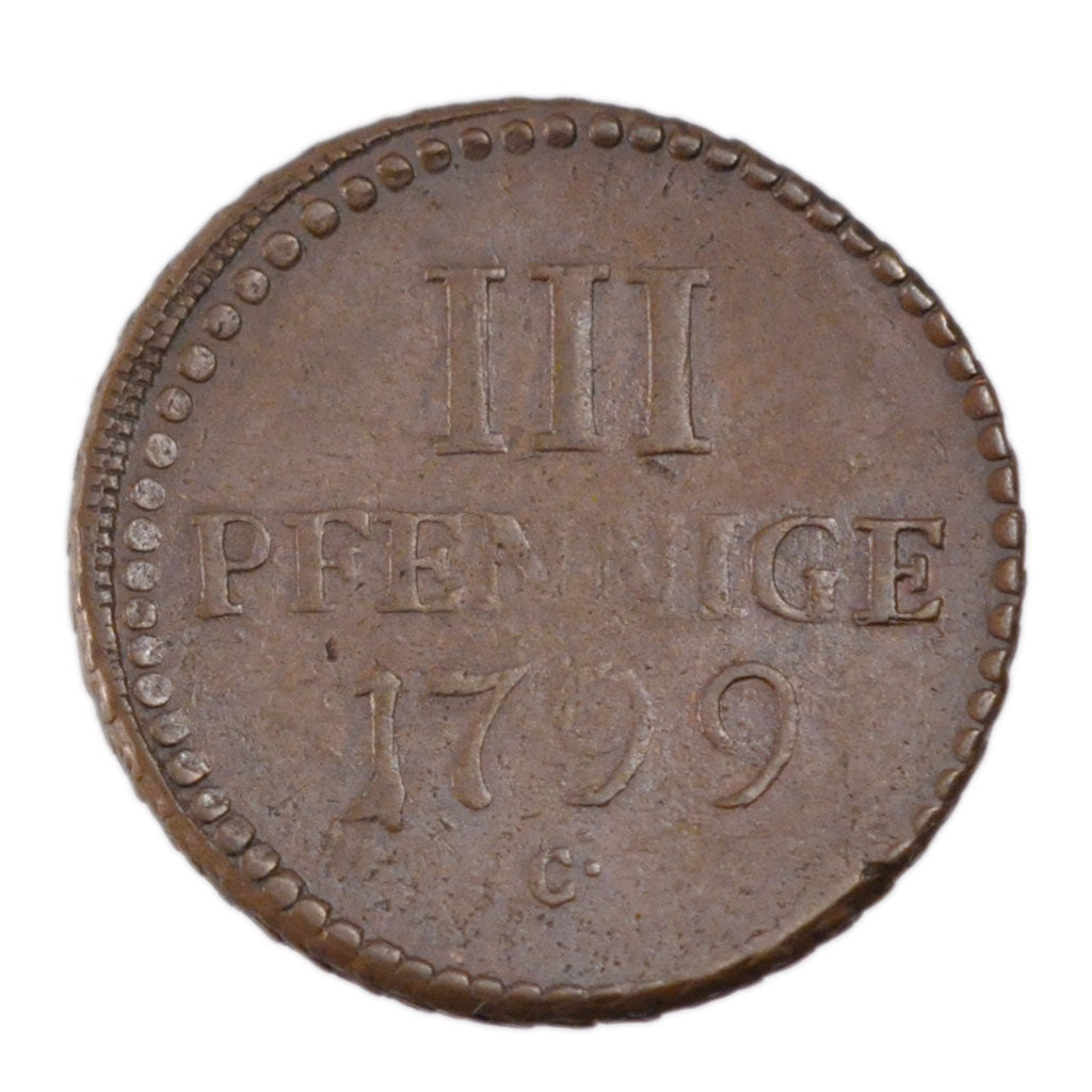 German States, 3 Pfennig, 1799, Dresde, KM #1037, EF(40-45), Copper, 8.50