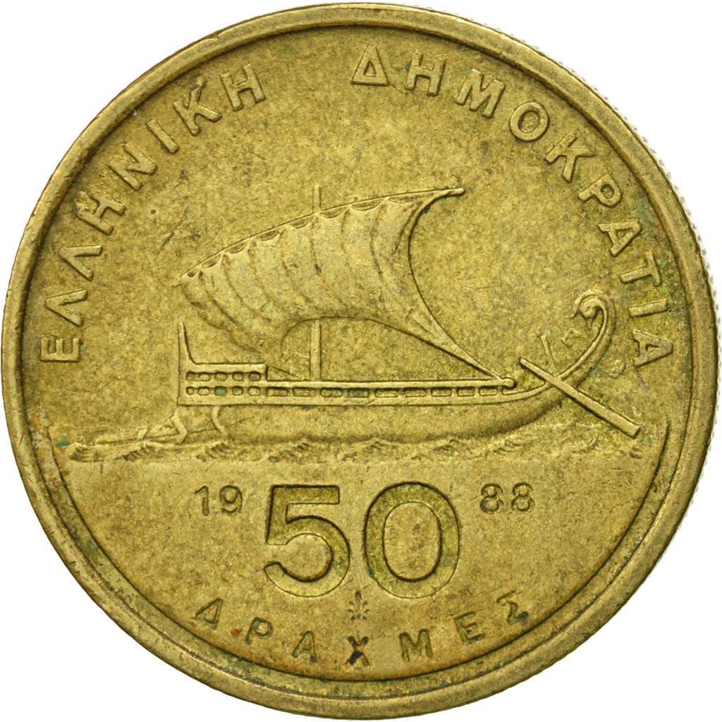 Coin, Greece, 50 Drachmes, 1988, VF(20-25), Aluminum-Bronze, KM:147